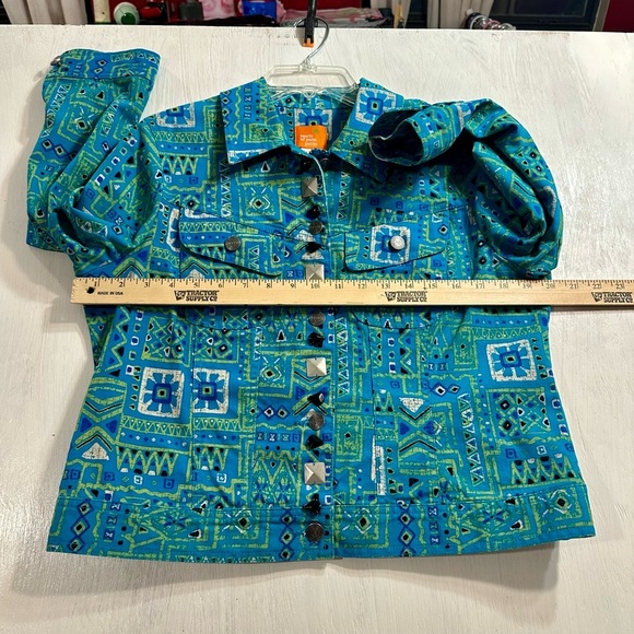 Hearts of Palm Petite 10P Turquoise Aztec Print Studded Cotton Stretch Jacket - Picture 3 of 9